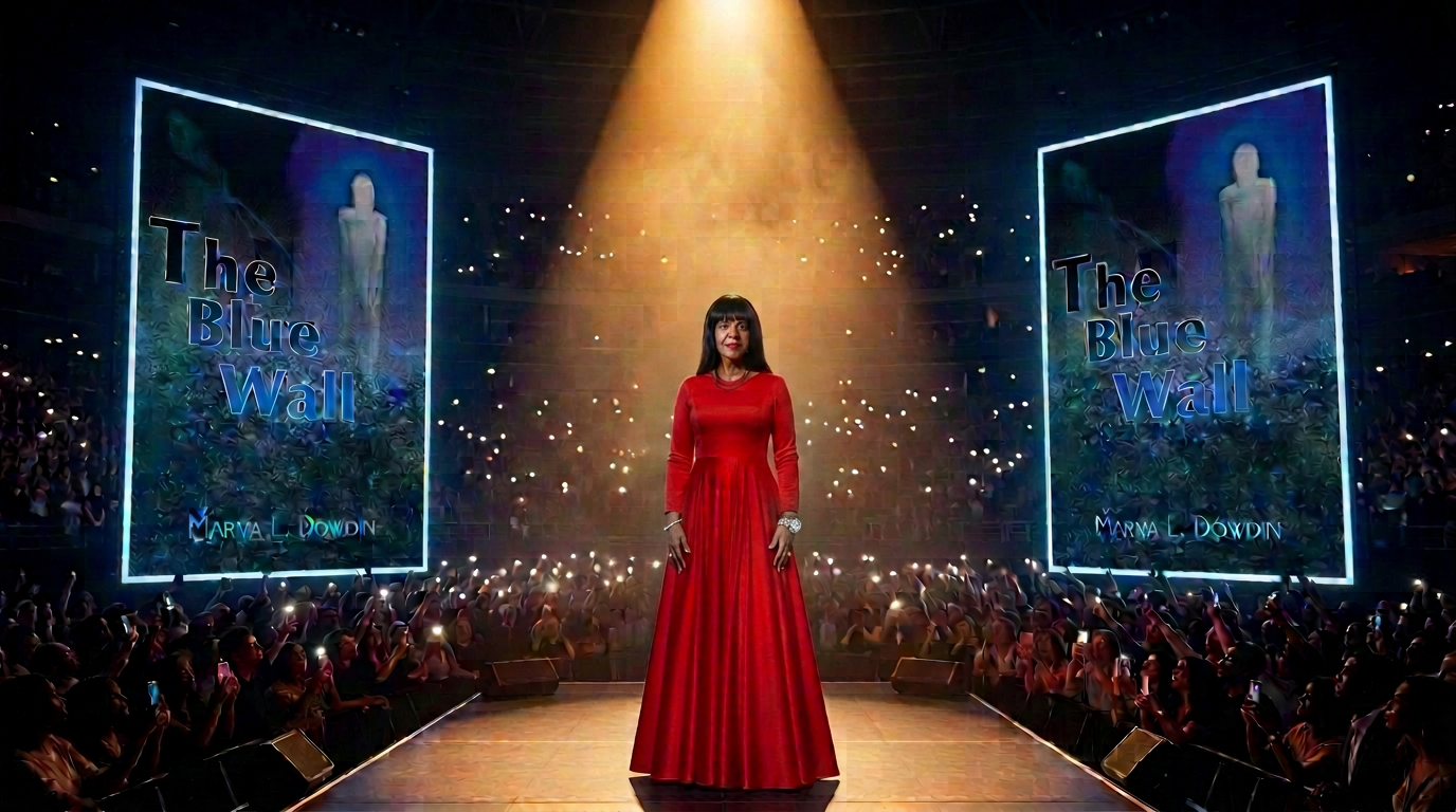 Marva L. Dowdin on stage in a red dress between two towering Blue Wall book covers